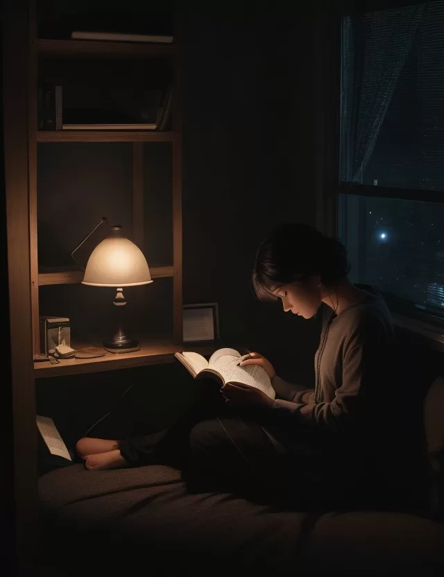 A photo of a mysterious girl sitting alone in a dark room, reading a book or writing in a journal.